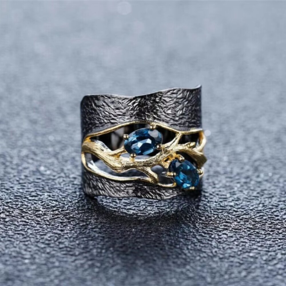 Black Gold Inlaid Blue Zircons Size 7 Two-Tone Branch & Twig Wide Band Ring